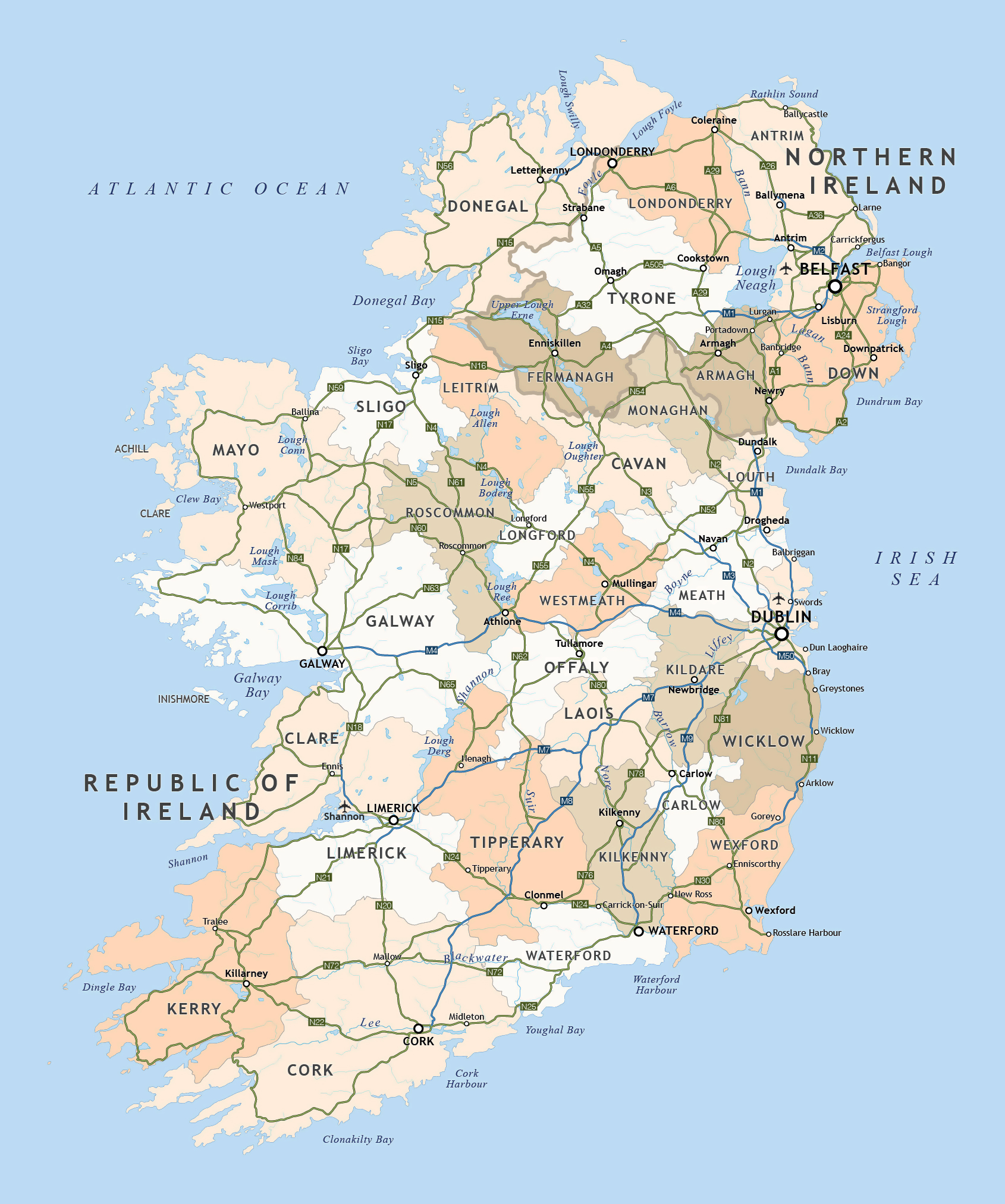 Large administrative map of Ireland with highways and major cities ...