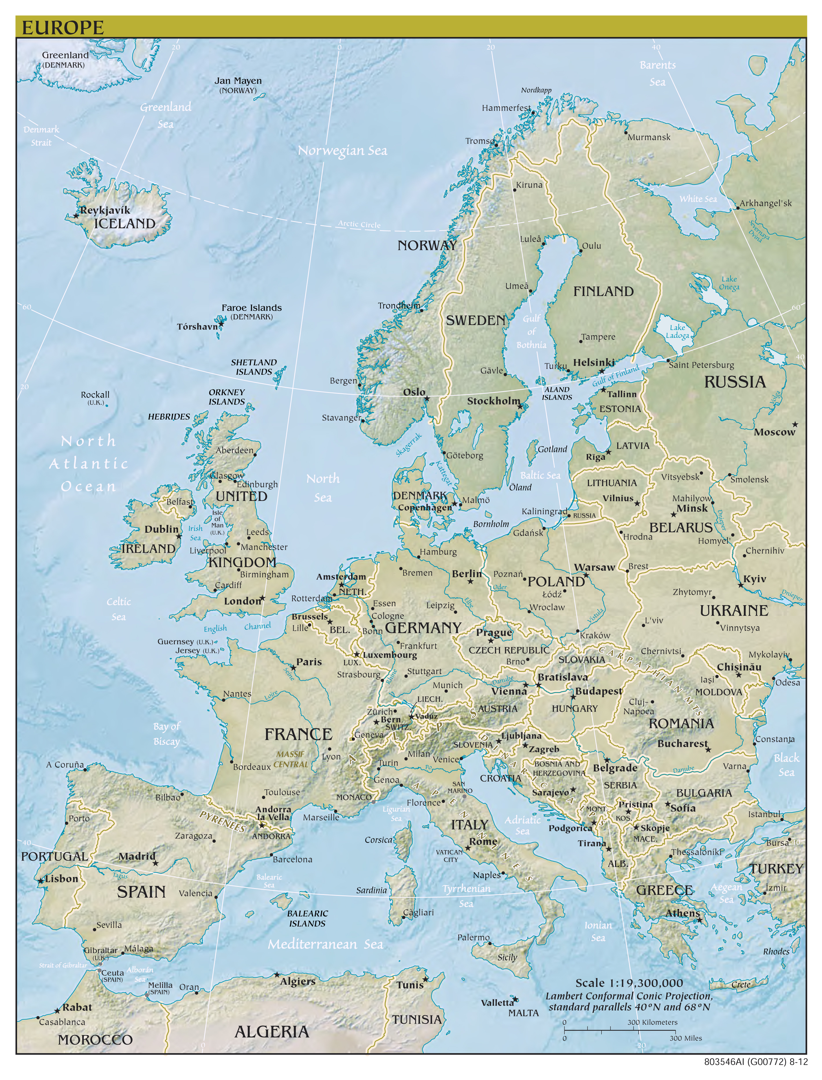 Large Scale Political Map Of Europe With Relief Capitals And Major Cities 2012 