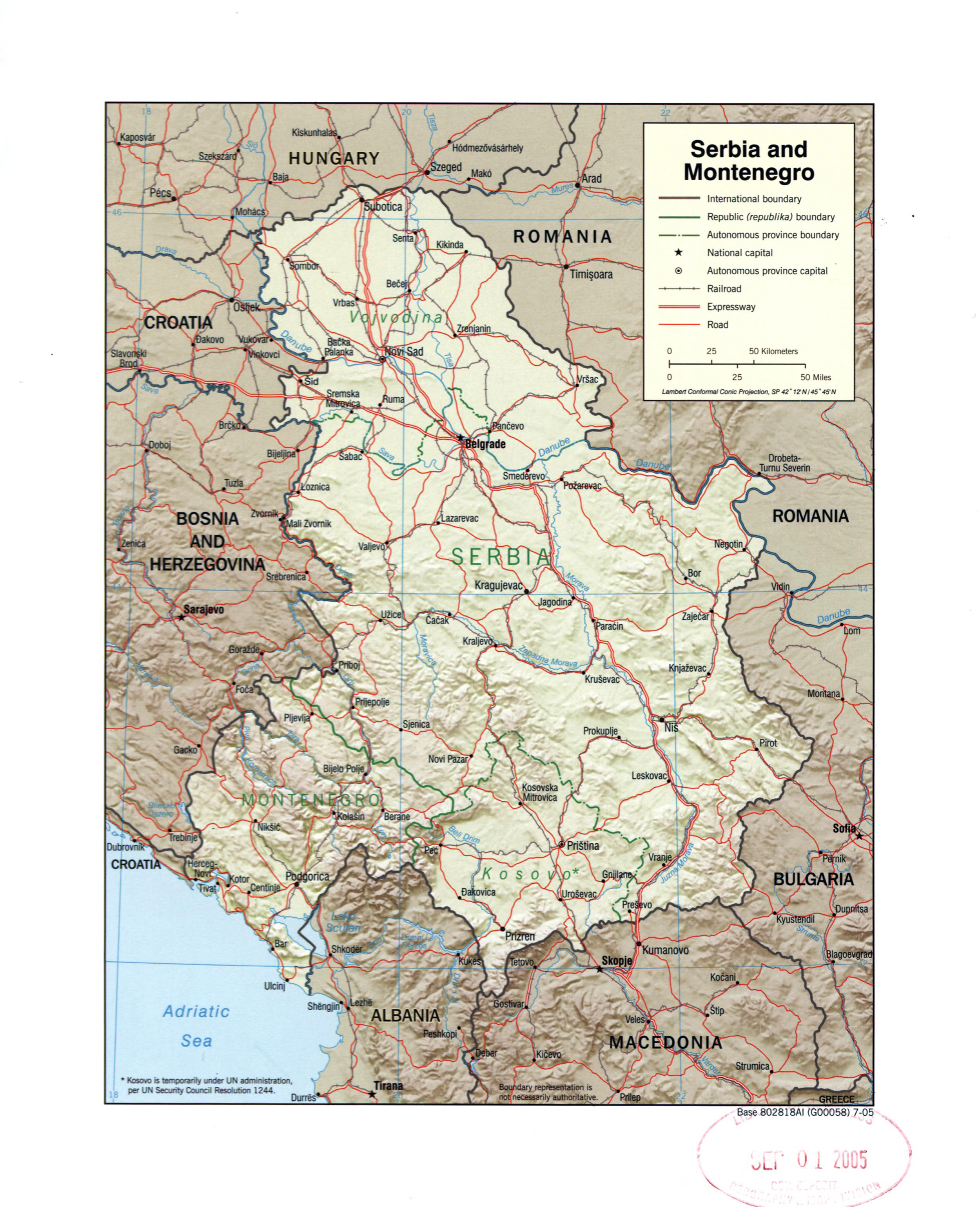 Large Detail Political Map Of Serbia And Montenegro With Relief Marks