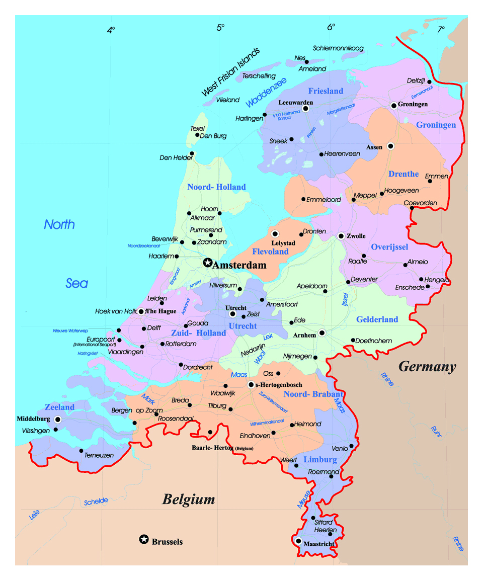 Detailed Political And Administrative Map Of Netherlands Holland With Roads And Major Cities
