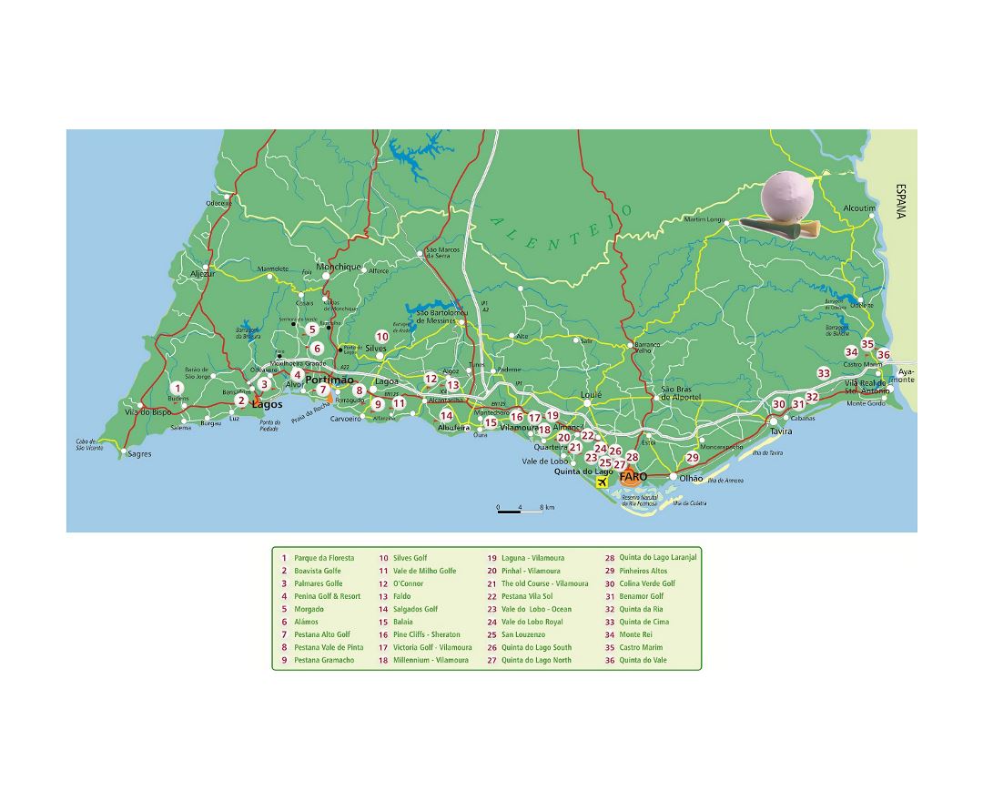 Road map of Algarve with cities and airports, Algarve, Portugal, Europe, Mapsland