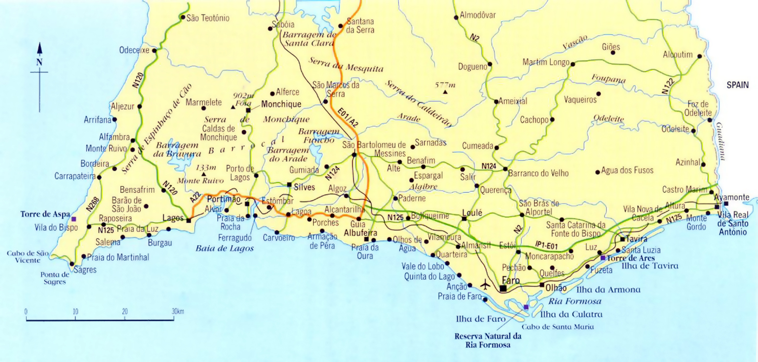 Large location map of Algarve in Portugal, Algarve