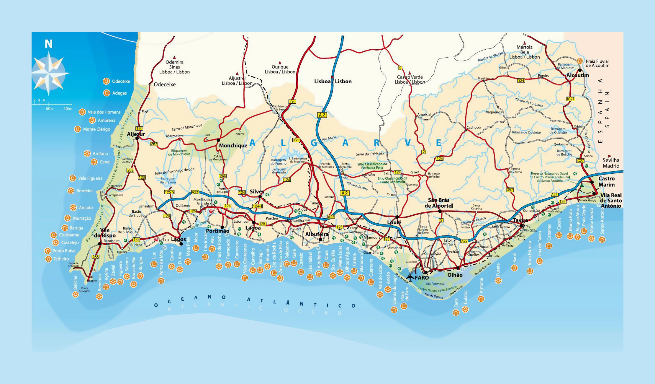 Large map of Algarve with beaches, roads and other marks
