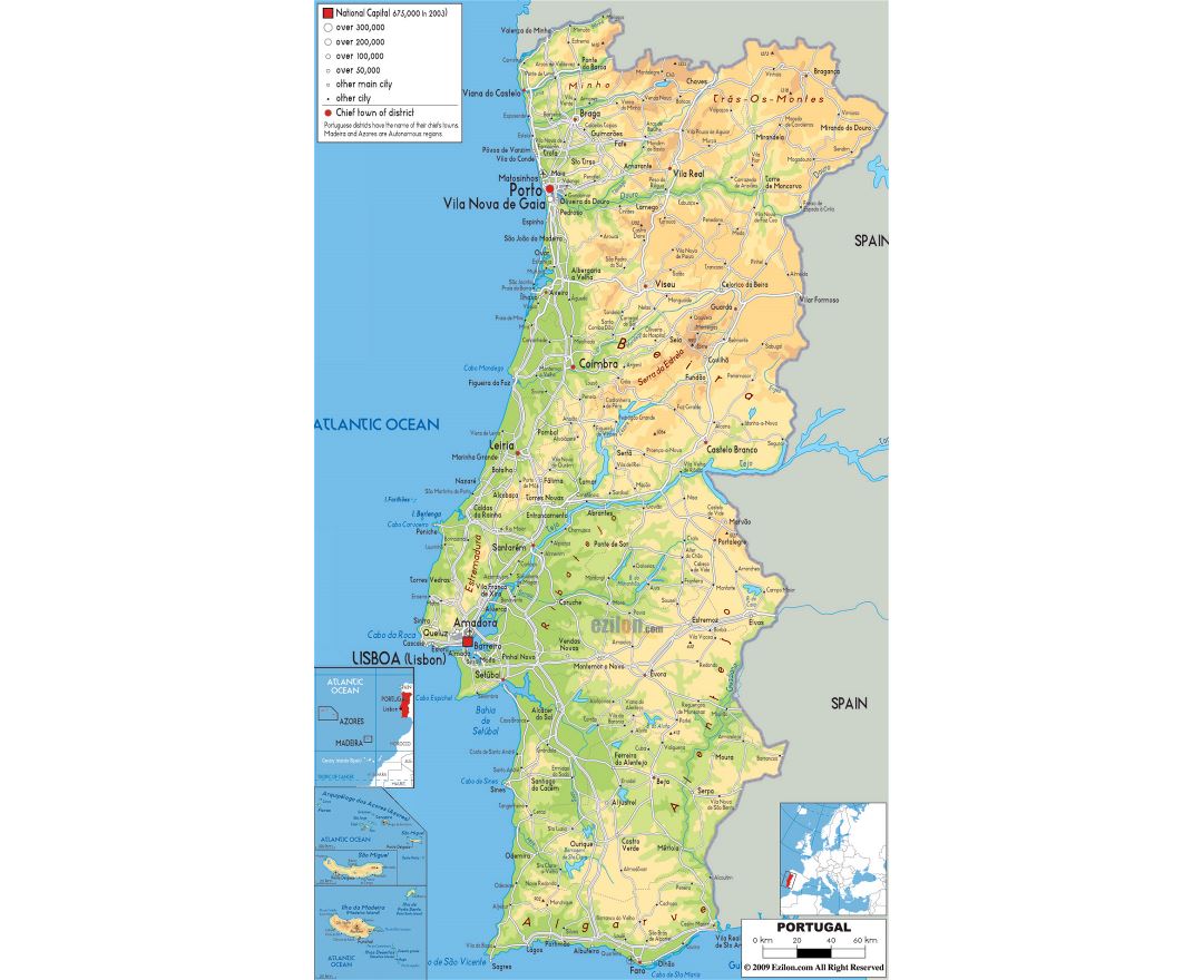 Large tourist map of Portugal with relief, cities and airports, Portugal, Europe, Mapsland