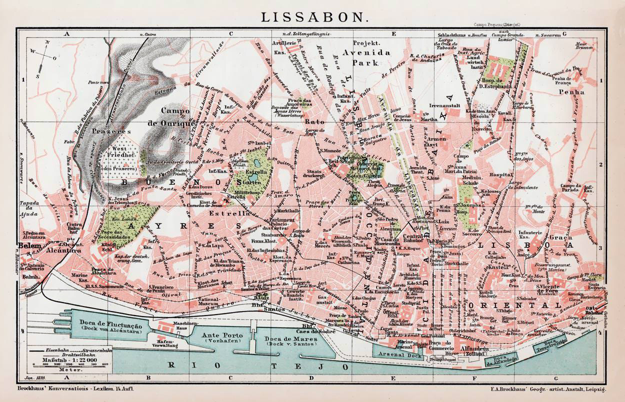 LISBON LISBOA antique town city plano de la cidade. Portugal mapa