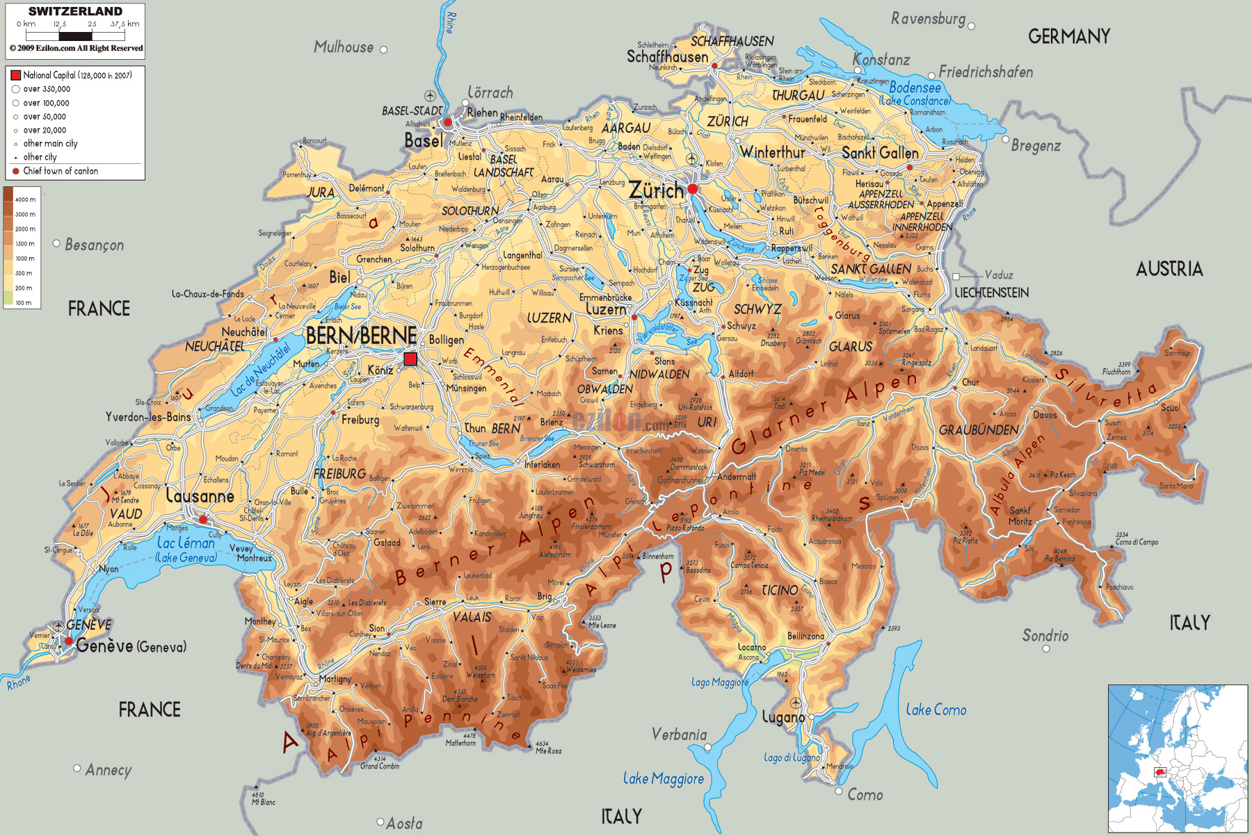 Large physical map of Switzerland with roads, cities and airports