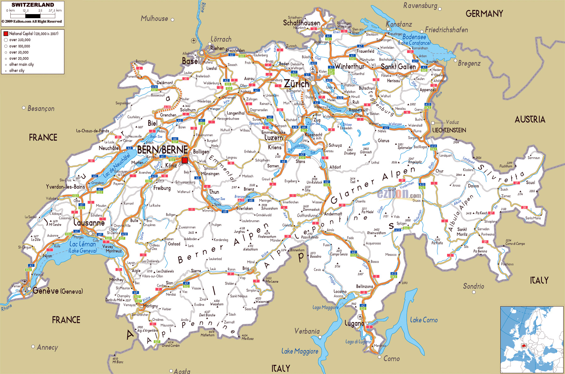 switzerland map with cities