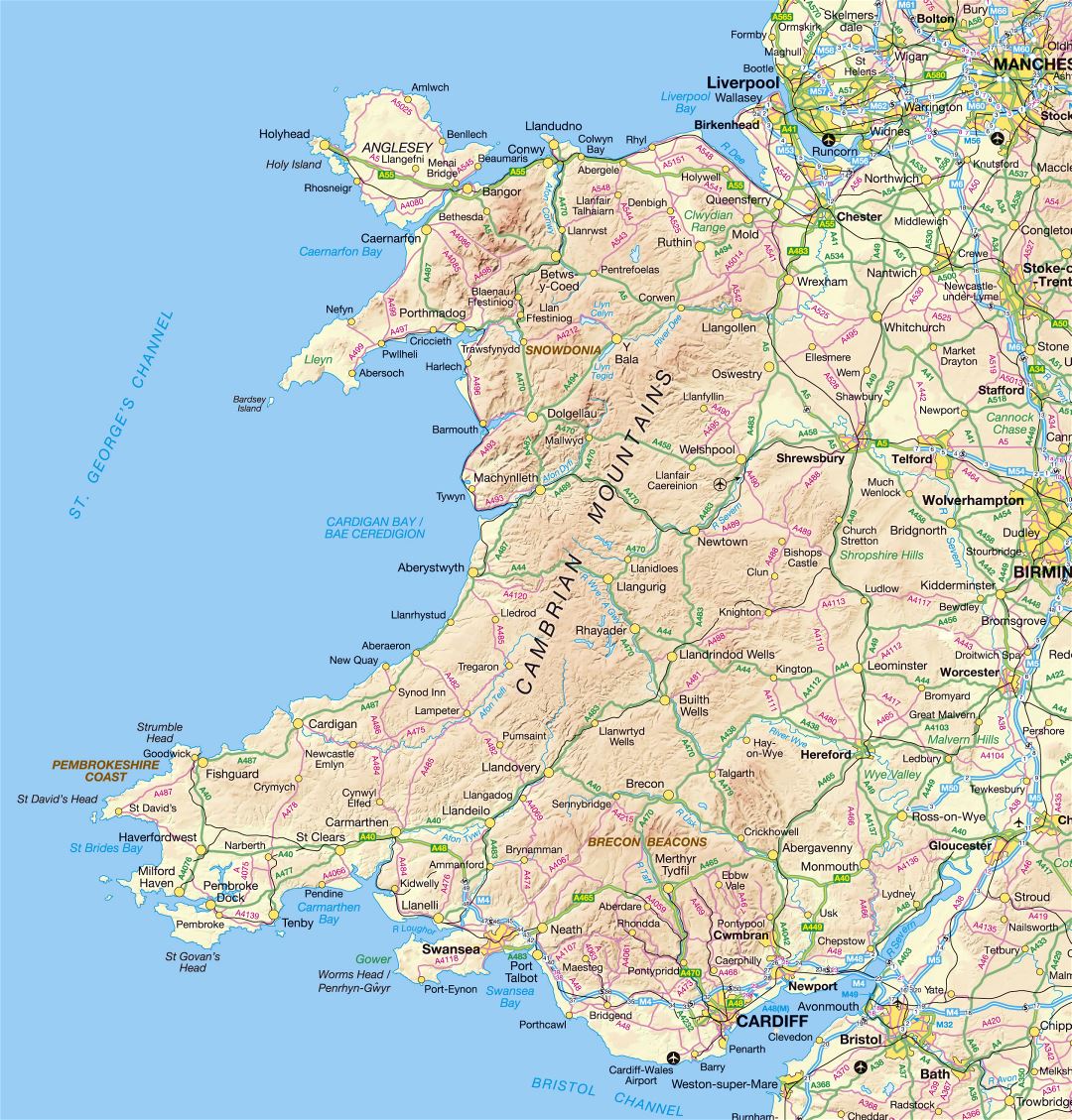 Large Detailed Map Of Wales With Relief Roads And Cities Small 