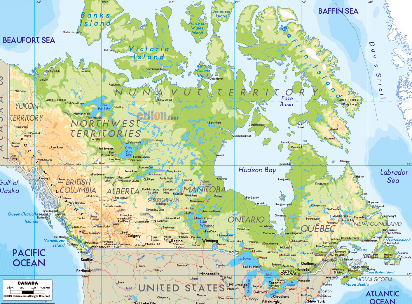 Large Map Of Canada Large Physical Map Of Canada With Roads And Cities | Canada | North America  | Mapsland | Maps Of The World