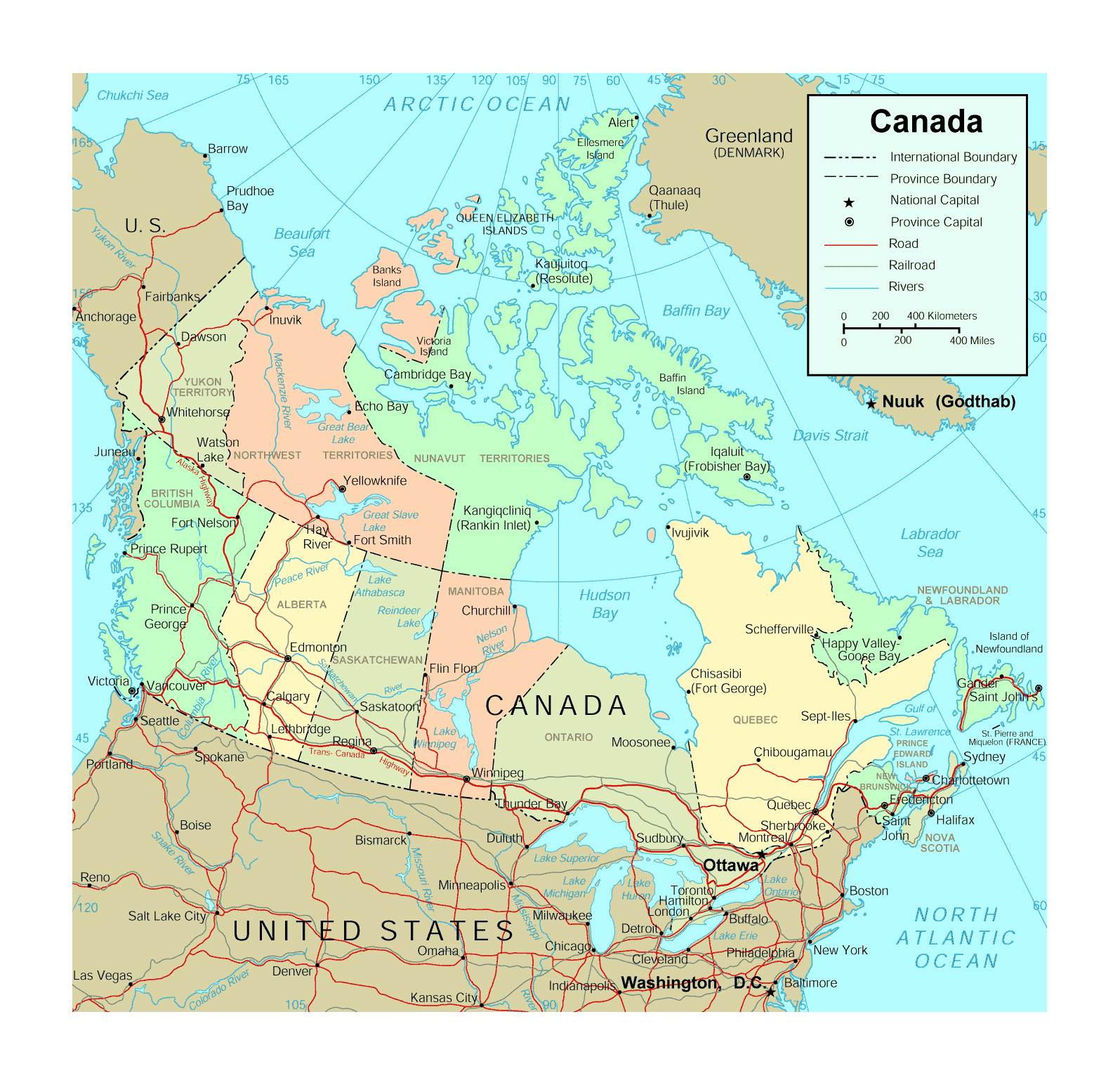 Large Political And Administrative Map Of Canada With Roads Railroads Rivers And Major Cities 
