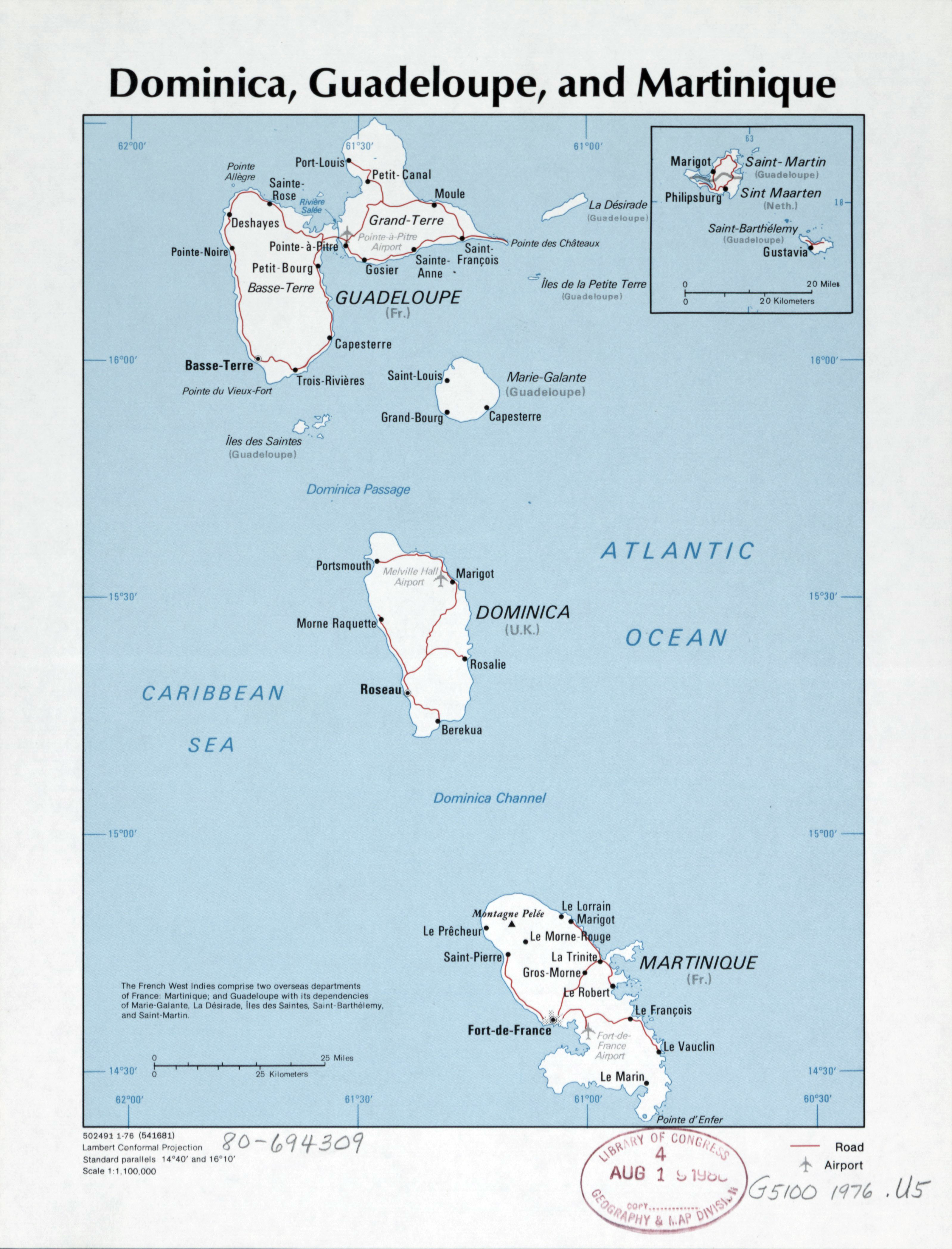 Large Physical Map Of Dominica With Roads Cities And