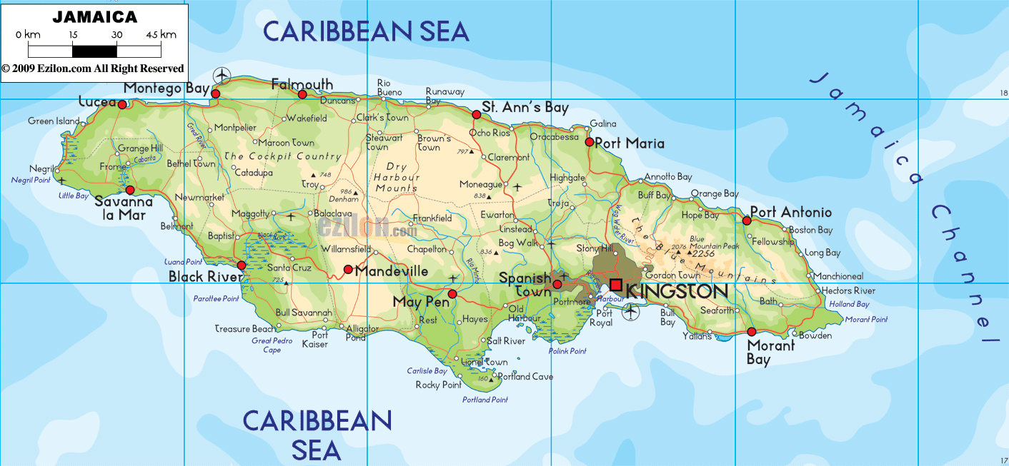 Large Physical Map Of Jamaica With Roads Cities And Airports 