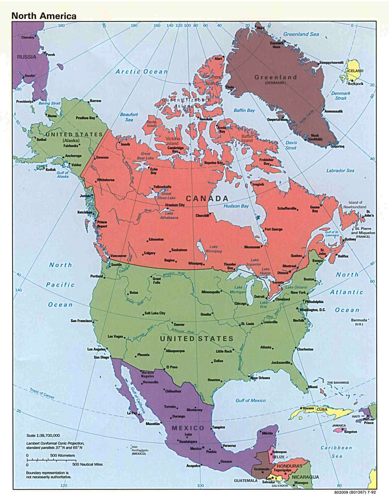 Large Detailed Political Map Of North America With Capitals And Major Cities 1992 
