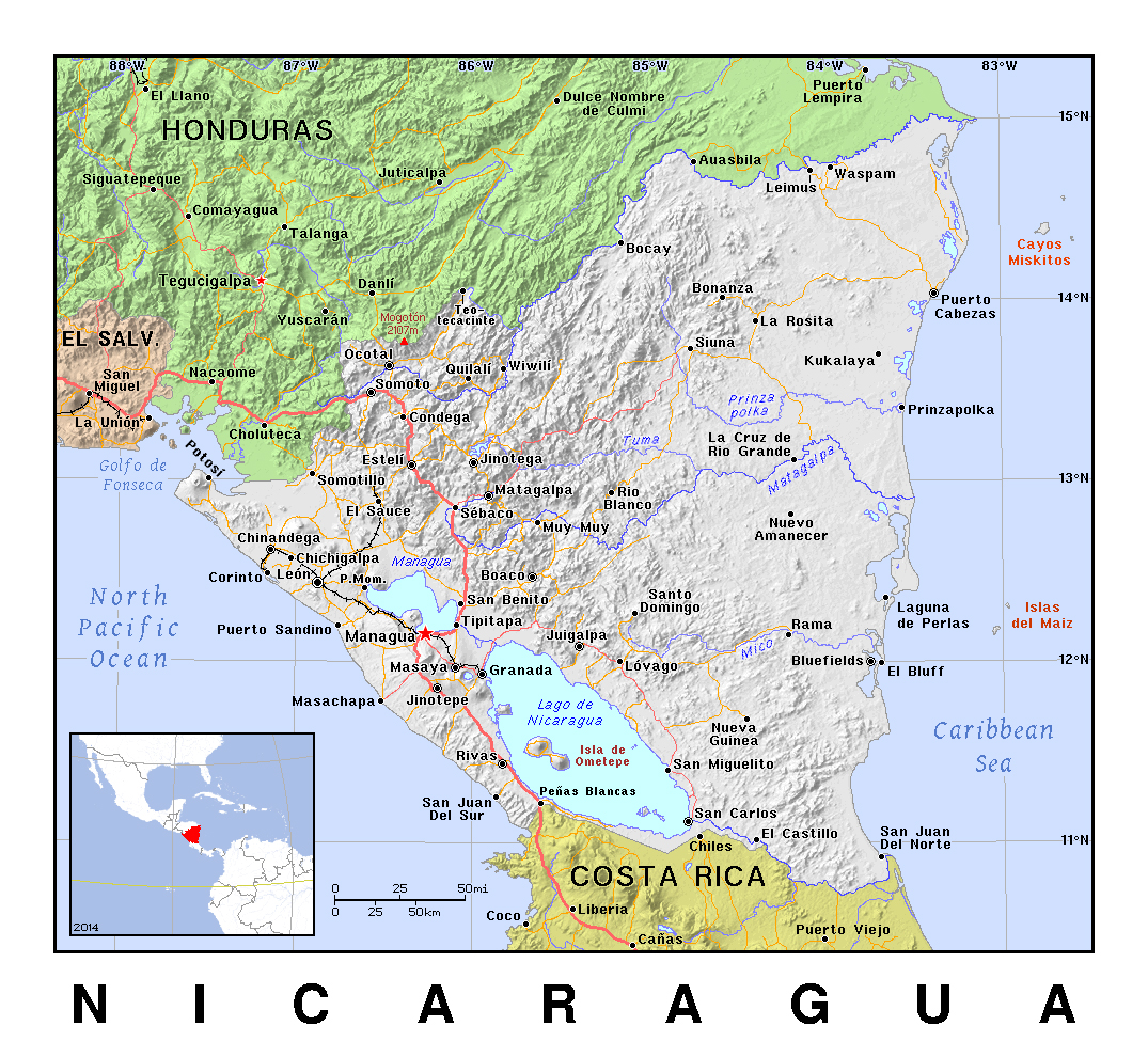 Detailed political map of Nicaragua with relief | Nicaragua | North ...
