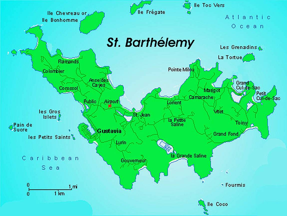 Detailed map of St. Barthelemy with roads and cities | Saint Barthelemy ...