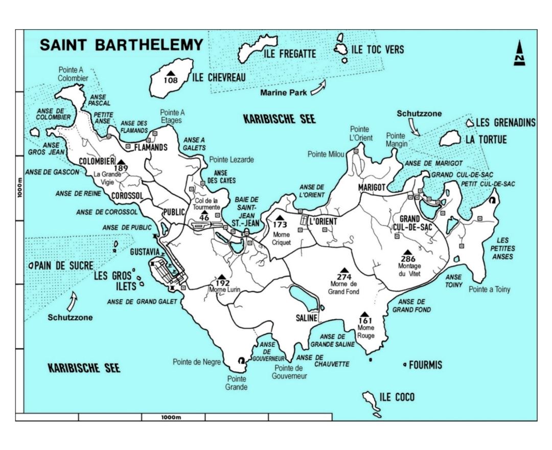Map of St. Barts, West Indies, Bank and Surf