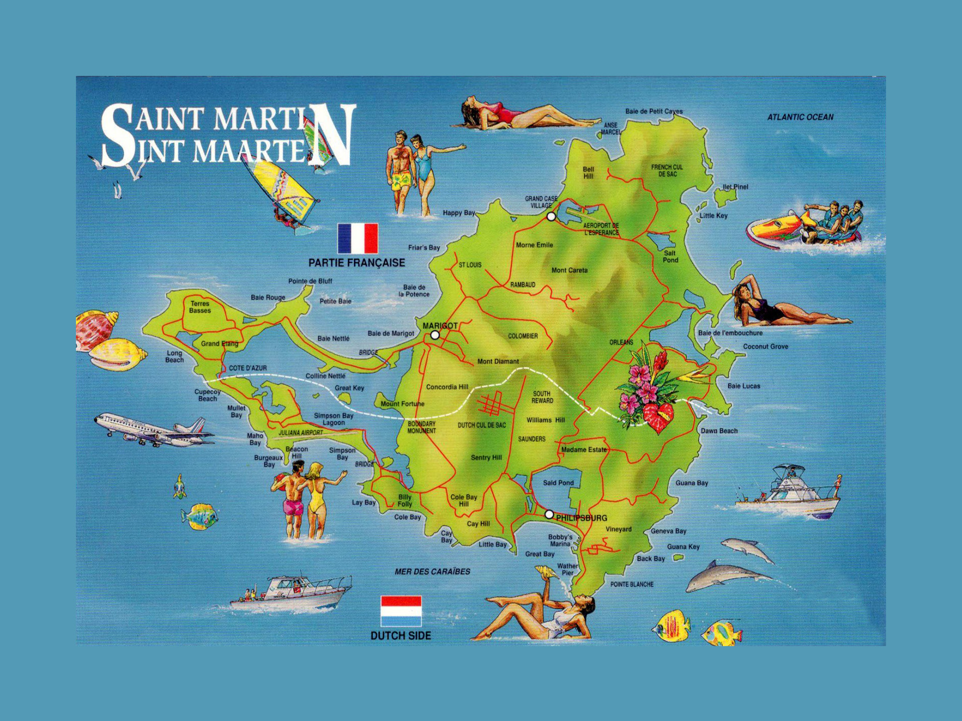 Large Detailed Tourist Illustrated Map Of Sint Maarten Saint Martin 