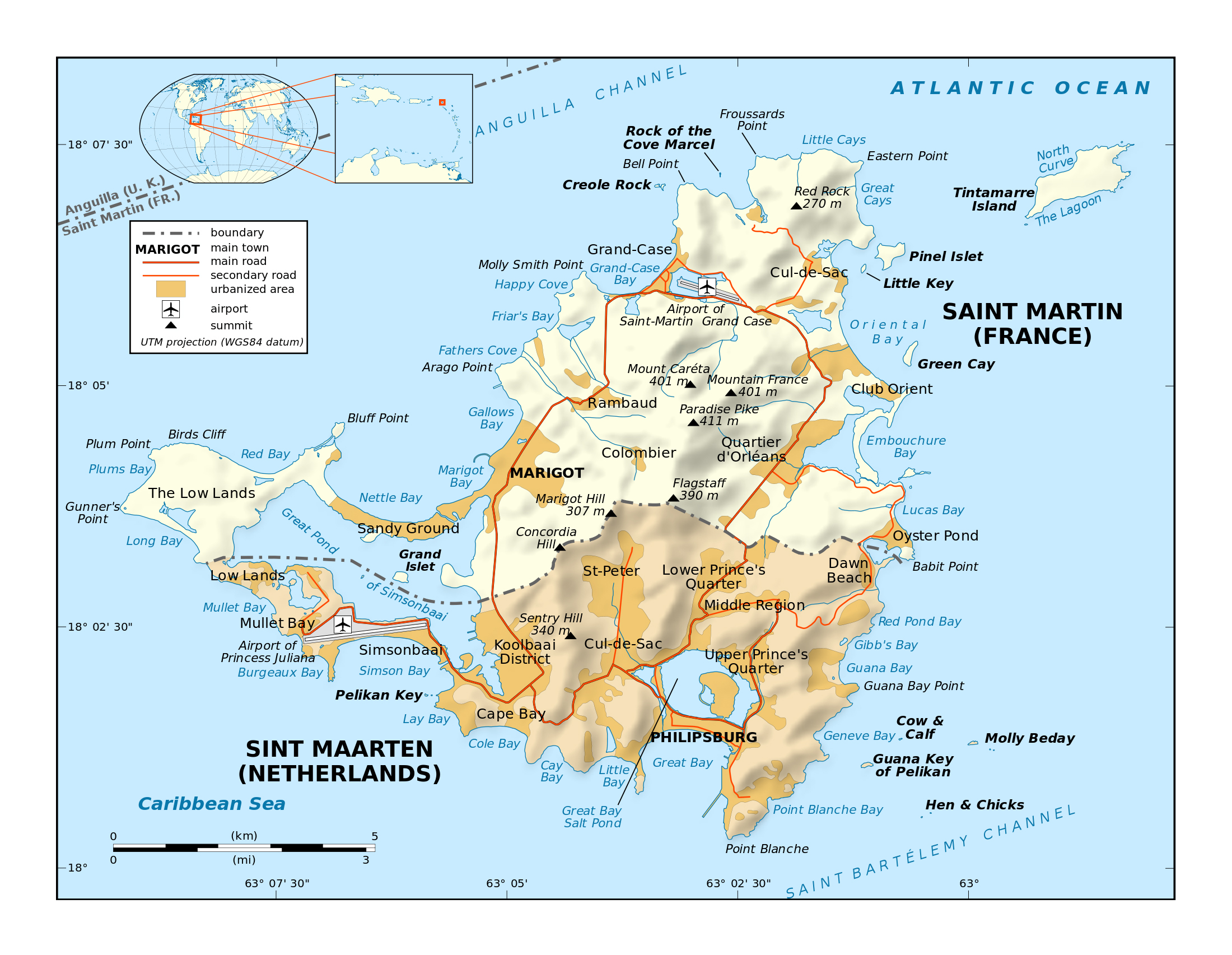Map Of Sint Maarten Large Political Map Of Sint Maarten, Saint Martin With Relief, Roads,  Cities And Airports | Saint Martin | North America | Mapsland | Maps Of The  World