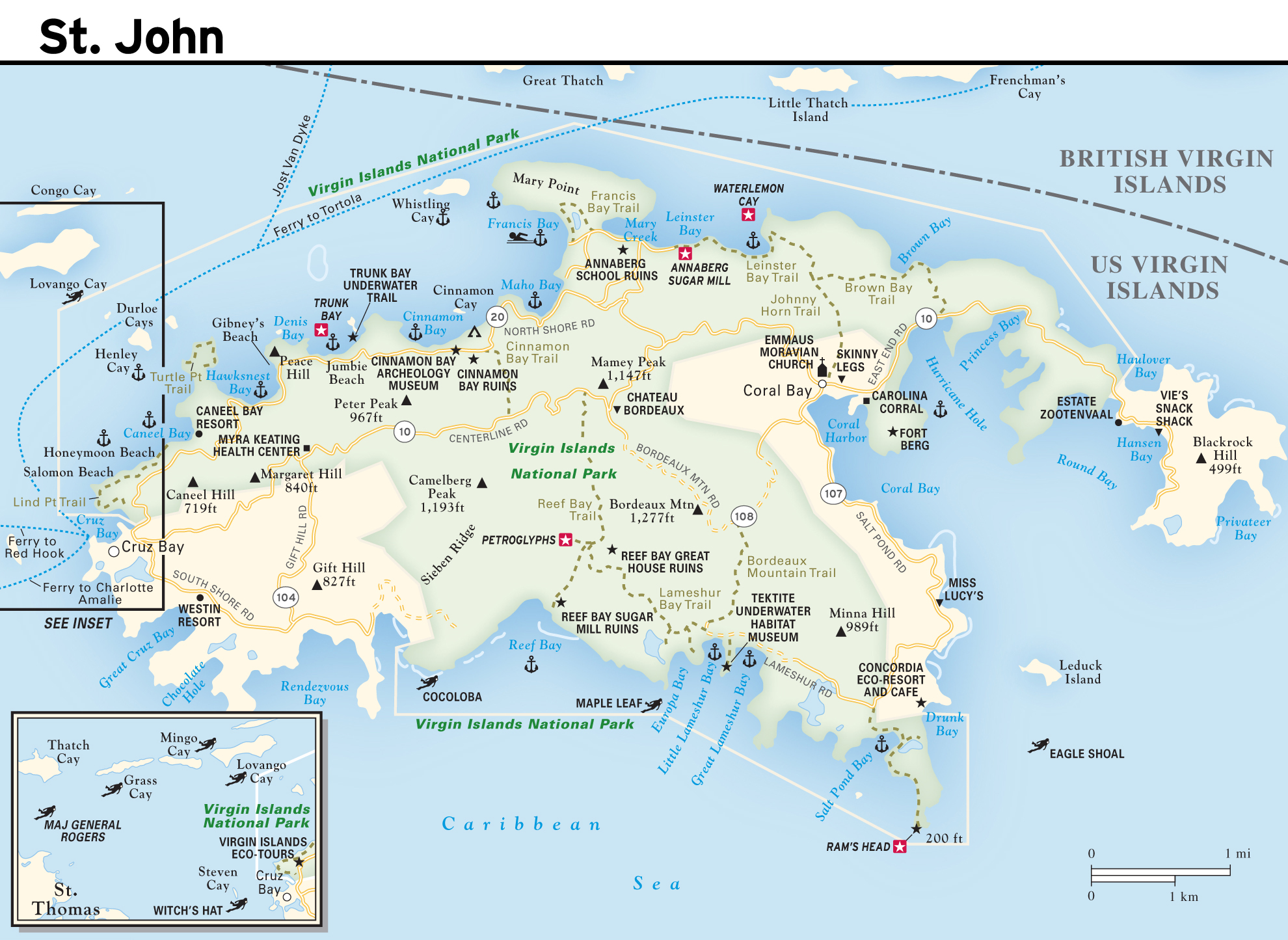 Large road map of St. John Island, US Virgin Islands with other marks ...