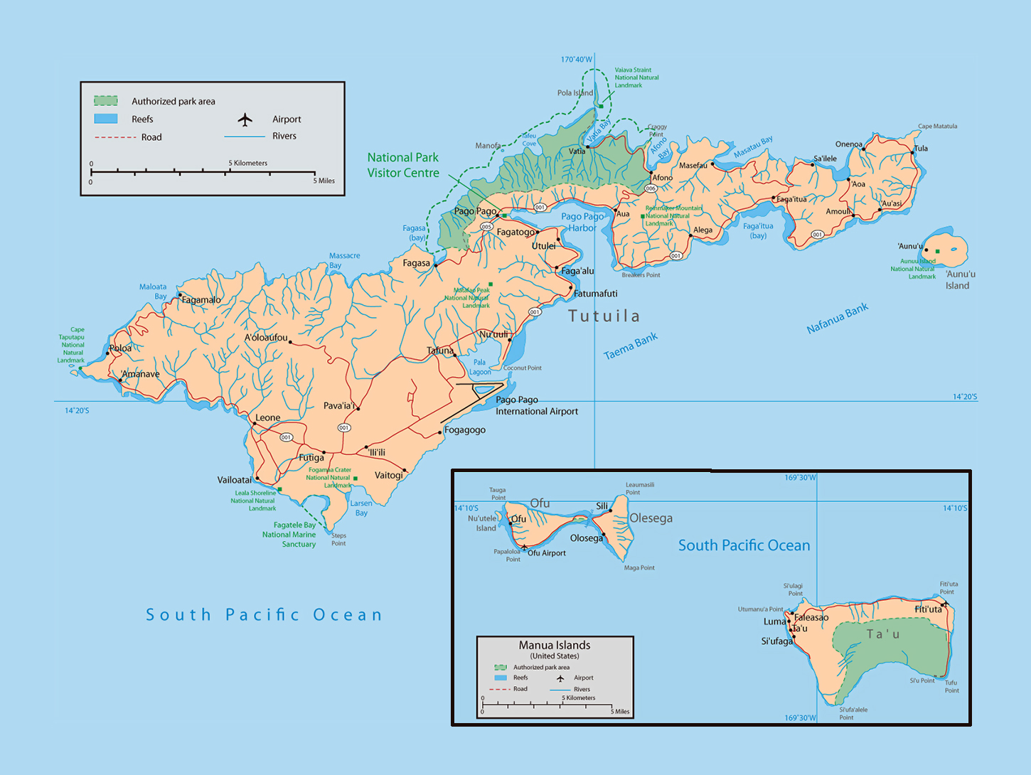Large Map Of American Samoa With Parks Reefs Rivers Roads Cities Villages And Airports 