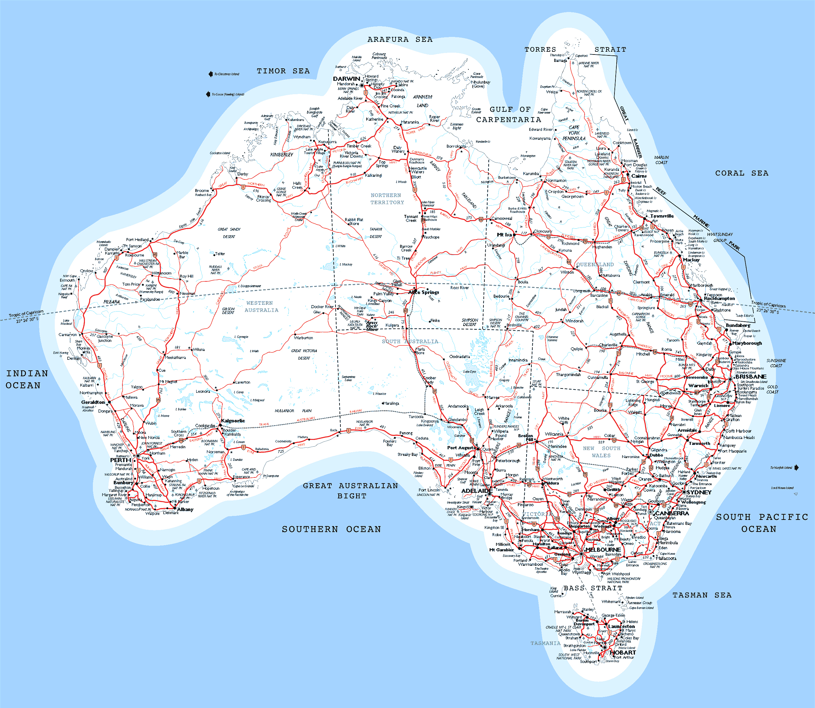 Large detailed map of Australia with roads, railroads and cities ...