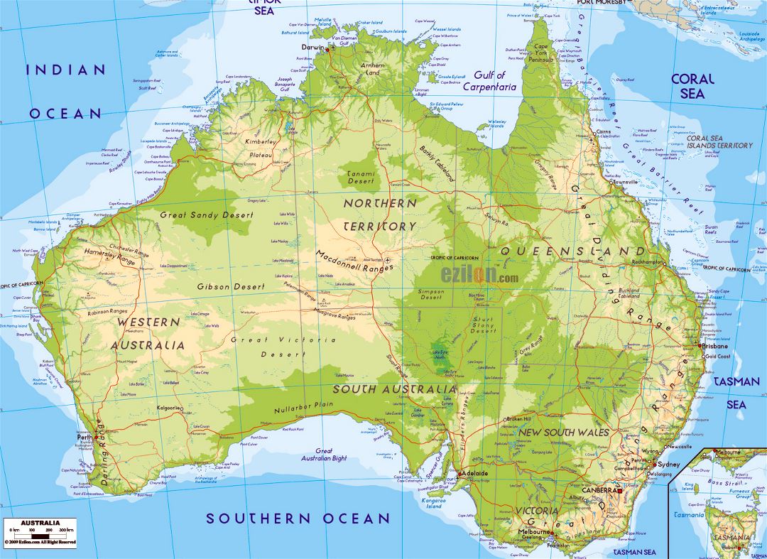 Large Physical Map Of Australia With Roads Cities And Airports Small 