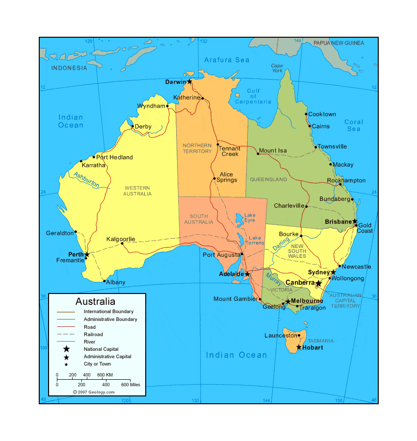 Political and administrative map of Australia with roads, railroads ...