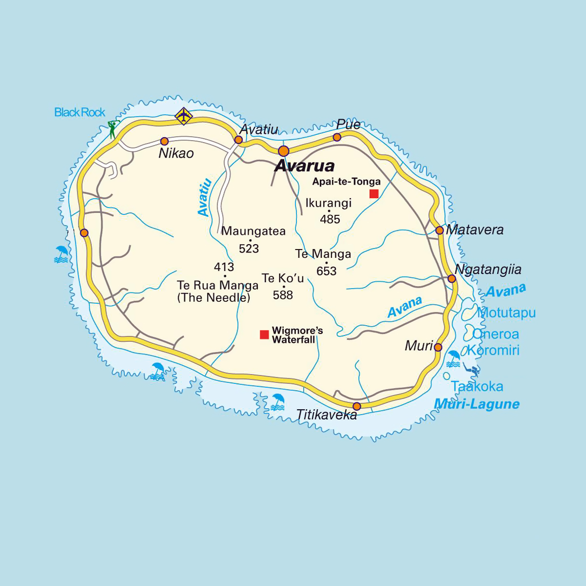 Detailed road map of Rarotonga Island with airport and cities | Cook Islands  | Oceania | Mapsland | Maps of the World