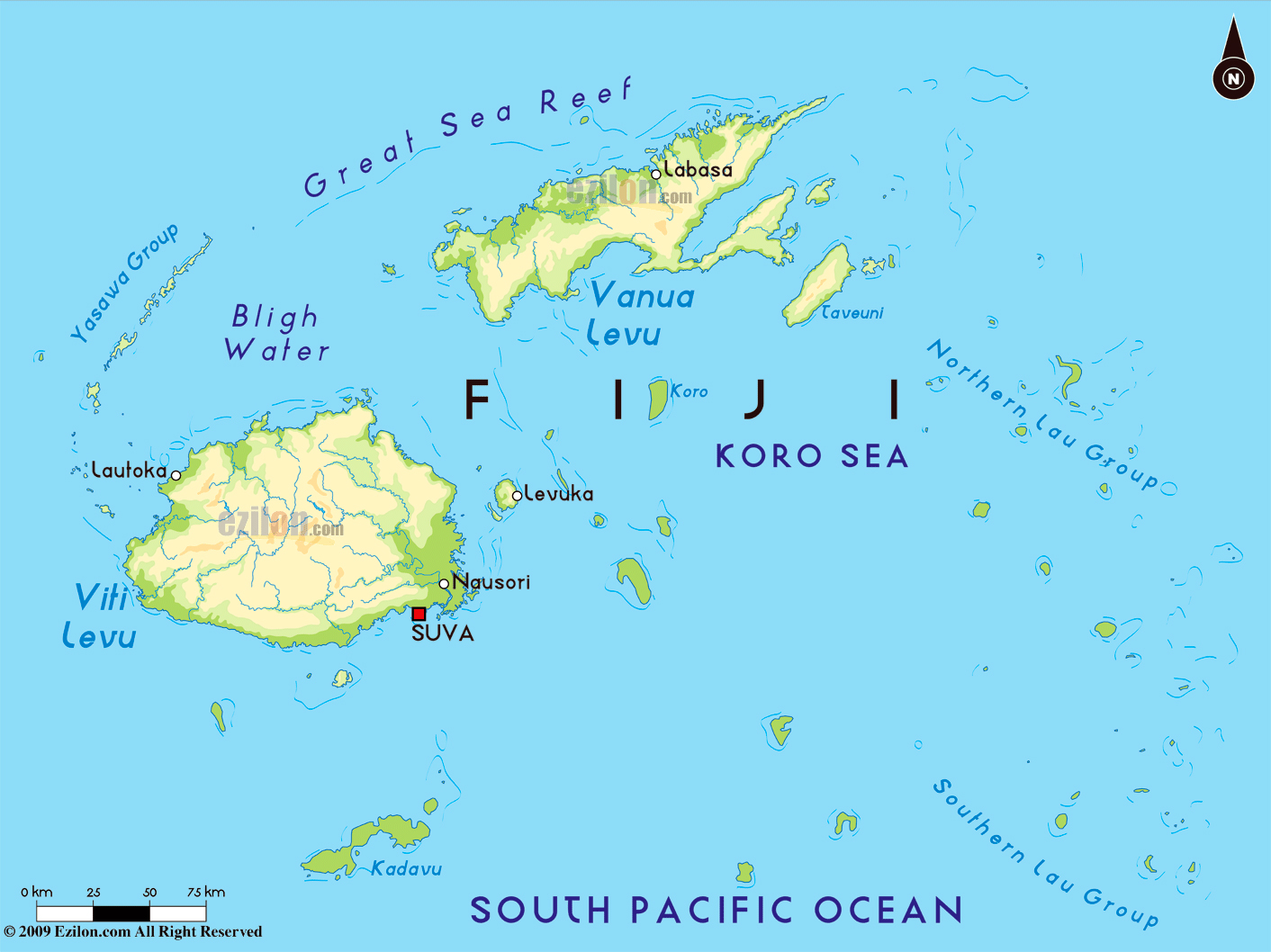 Large Physical Map Of Fiji With Major Cities 