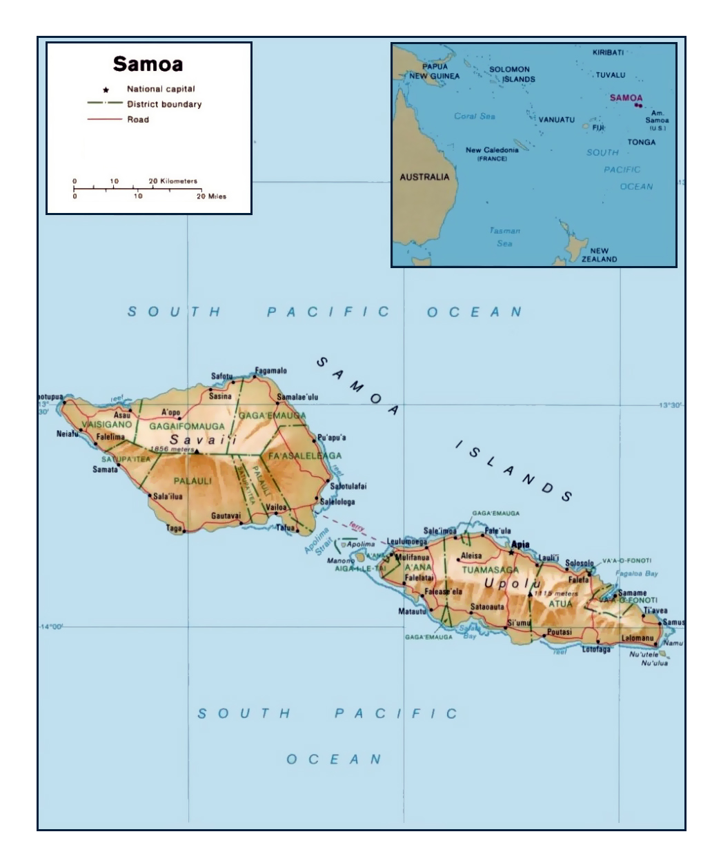 Detailed Political And Administrative Map Of Samoa With Relief Roads And Cities 
