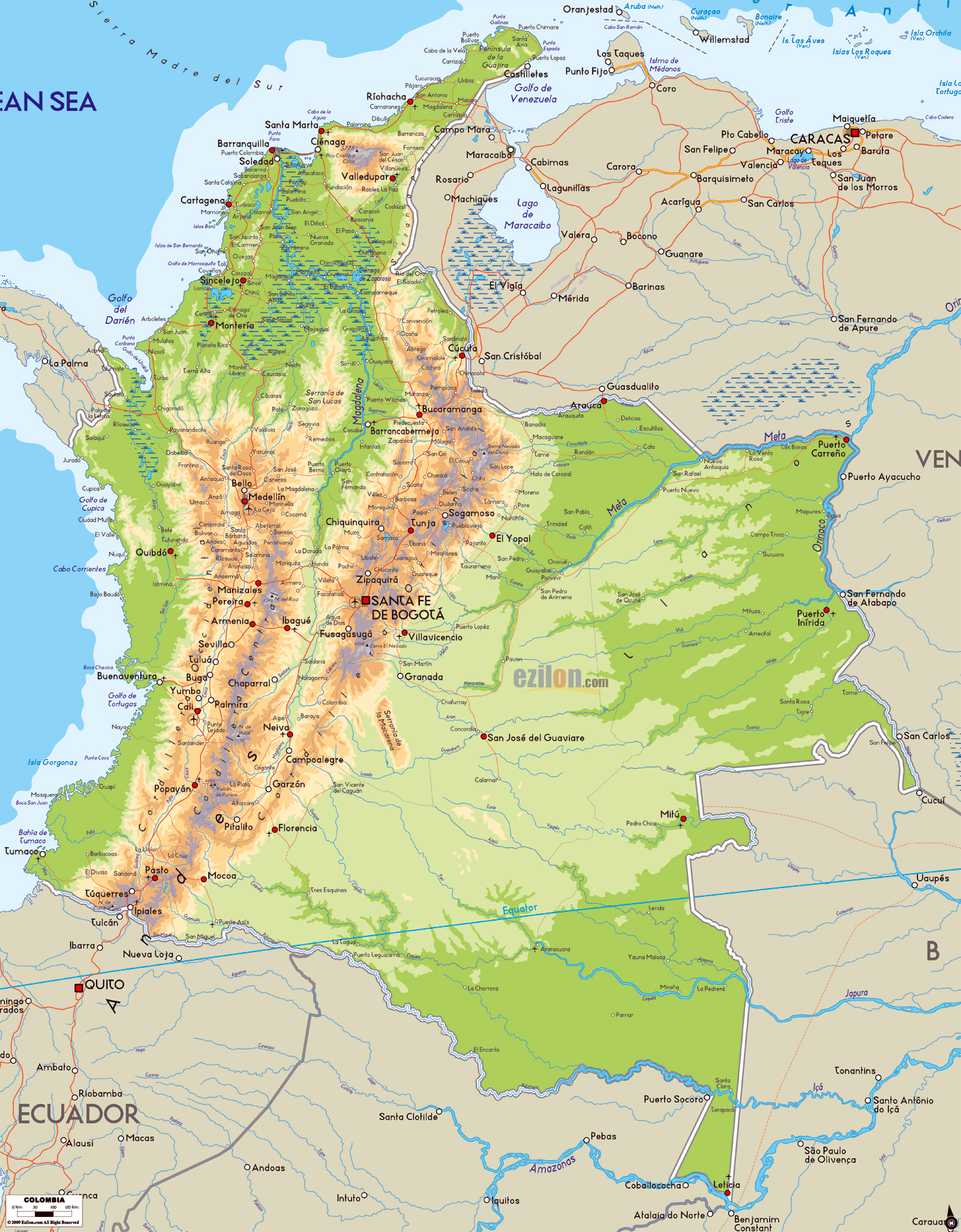 Detailed Physical Map Of Colombia With Roads Cities And