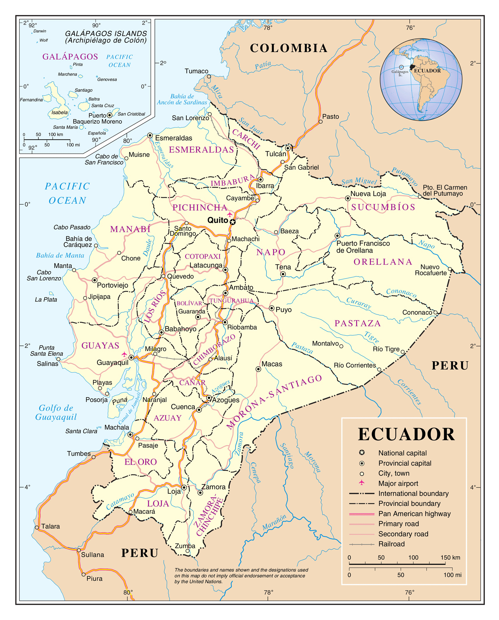 Large Detailed Political And Administrative Map Of Ecuador With Major Roads Major Cities And Airports 