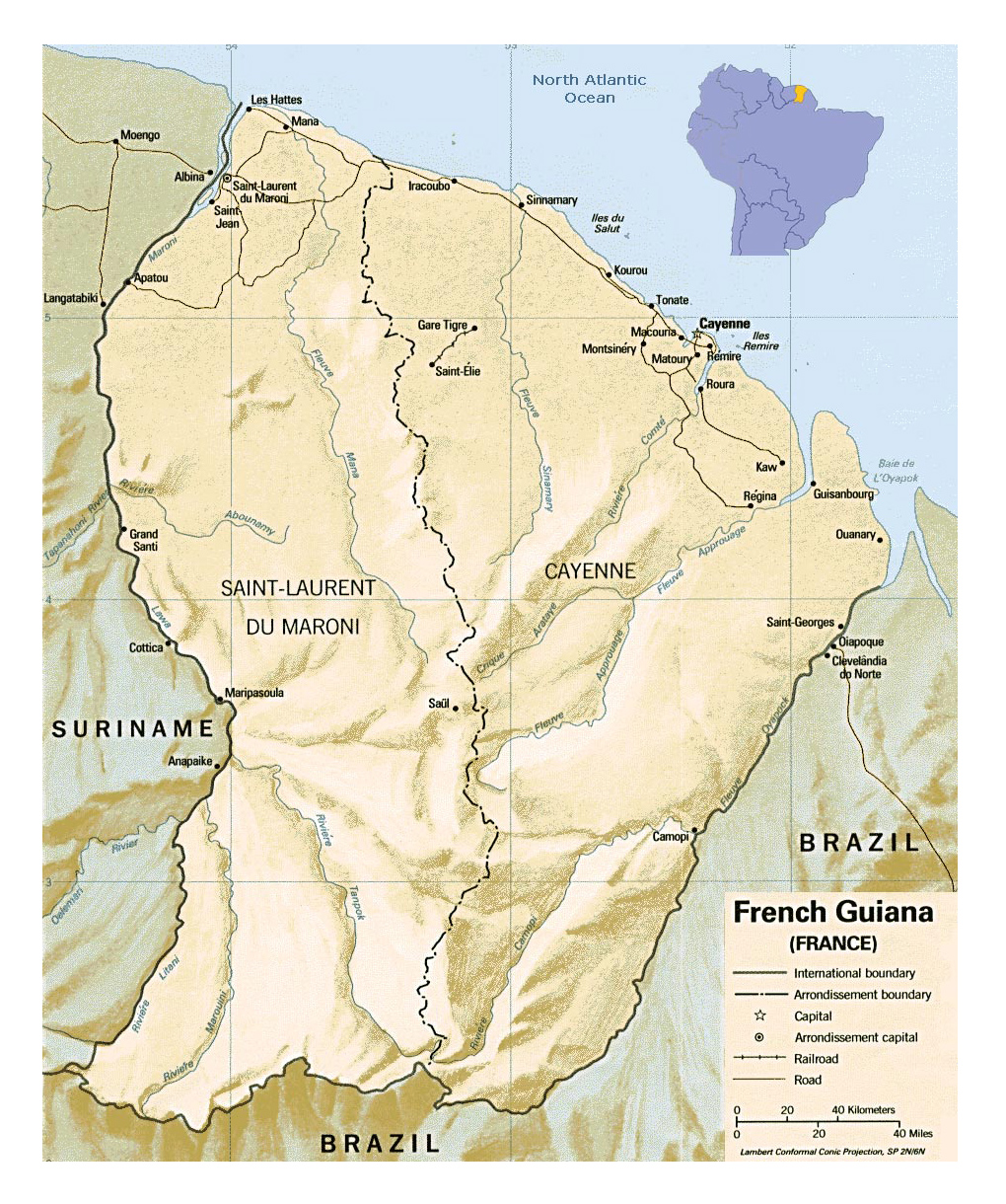 Large Political And Administrative Map Of French Guiana With Relief Roads And Major Cities 