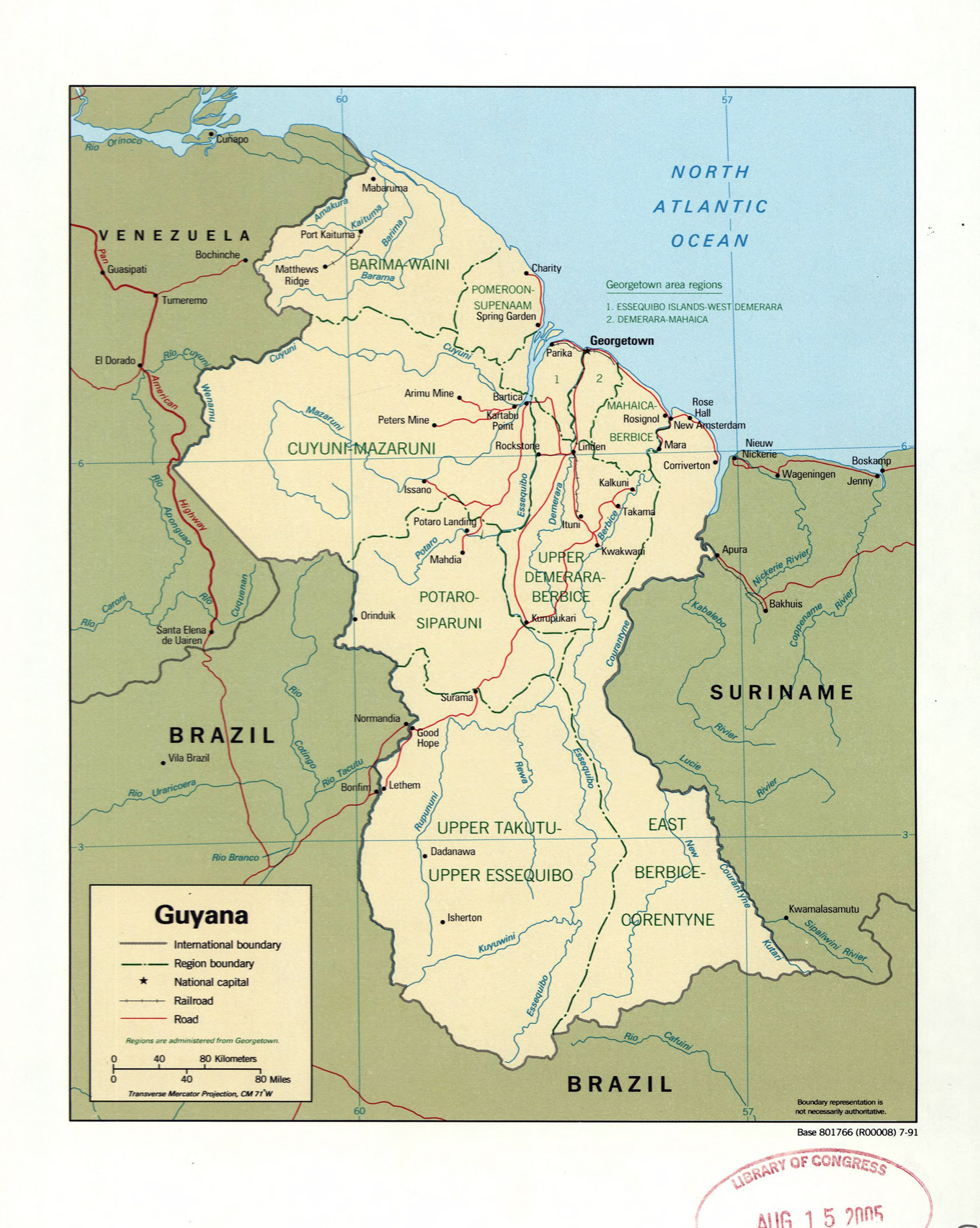 Pic Of Guyana Map   Large Detailed Political And Administrative Map Of Guyana With Marks Of Roads Railroads And Major Cities 1991 