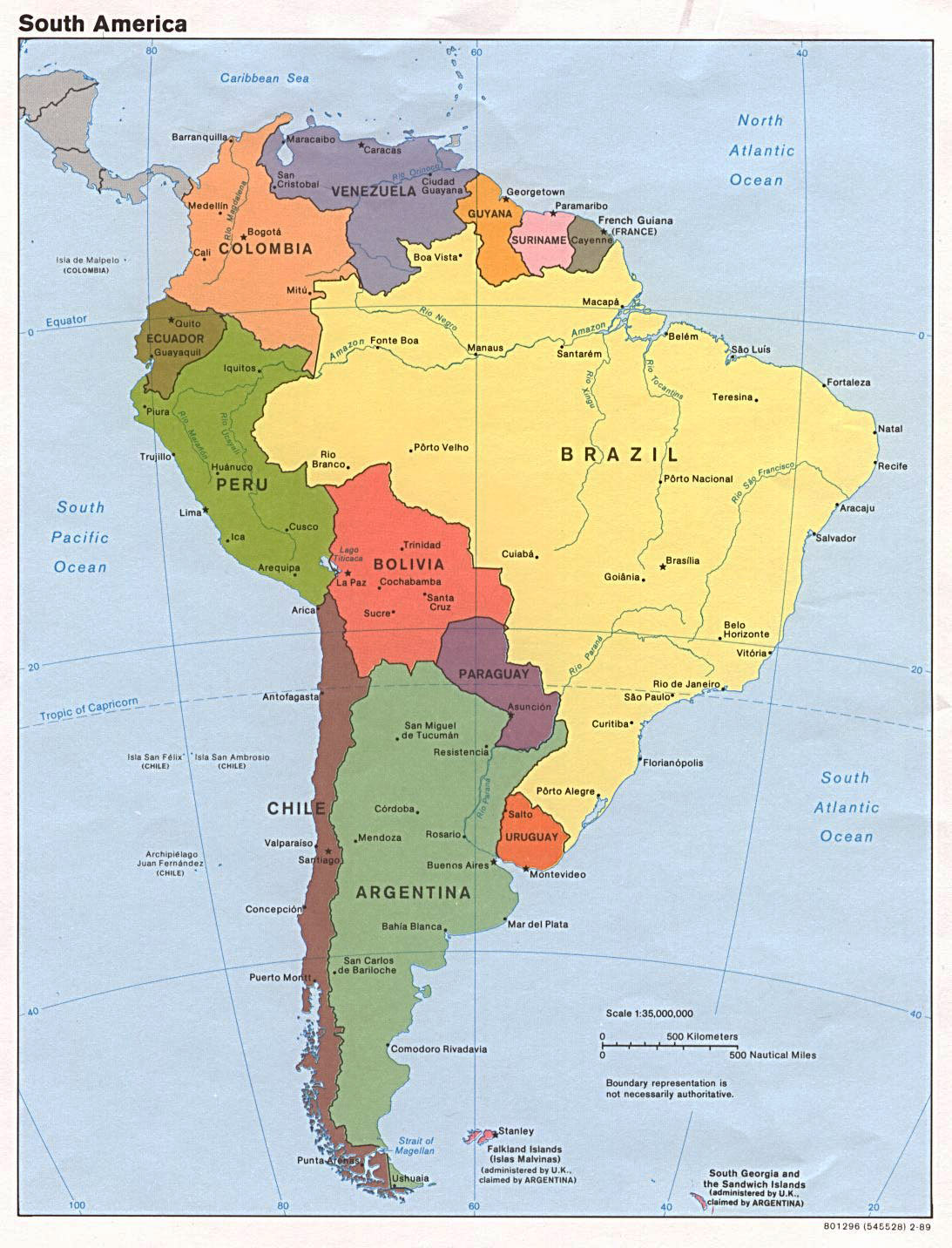 Large Detailed Political Map Of South America With Capitals And Major 